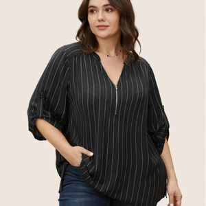 BloomChic Plus Size XL Striped Half Zip Tab Sleeve Blouse us14-16